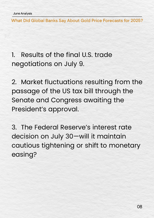 "Key scenarios affecting gold price outlook in July 2025, including Fed rate decisions, U.S. tax bill, and global trade outcomes."