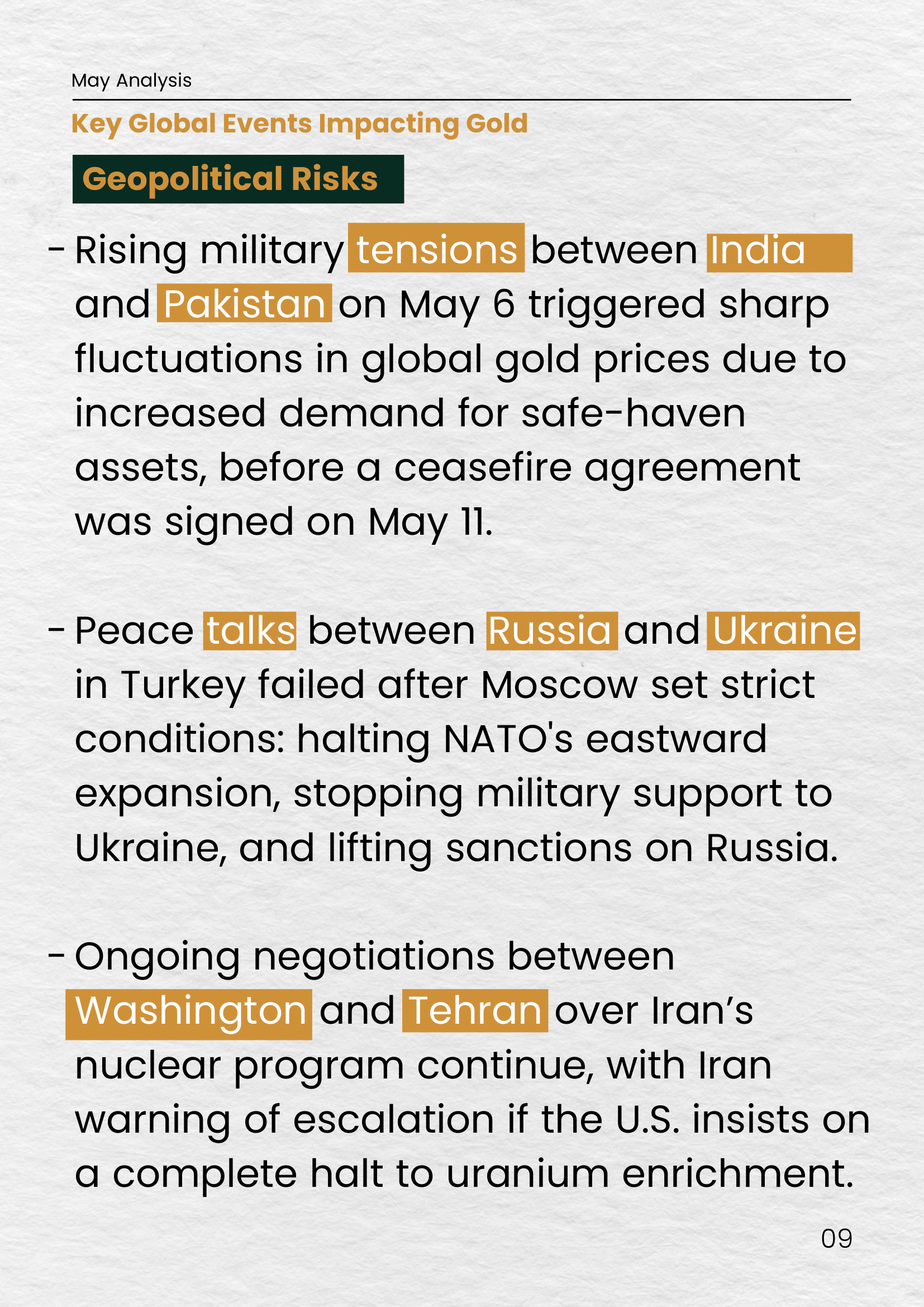 Text highlights geopolitical risks impacting gold prices, including India-Pakistan military tensions, Russia-Ukraine failed peace talks, and ongoing Washington-Tehran nuclear negotiations.