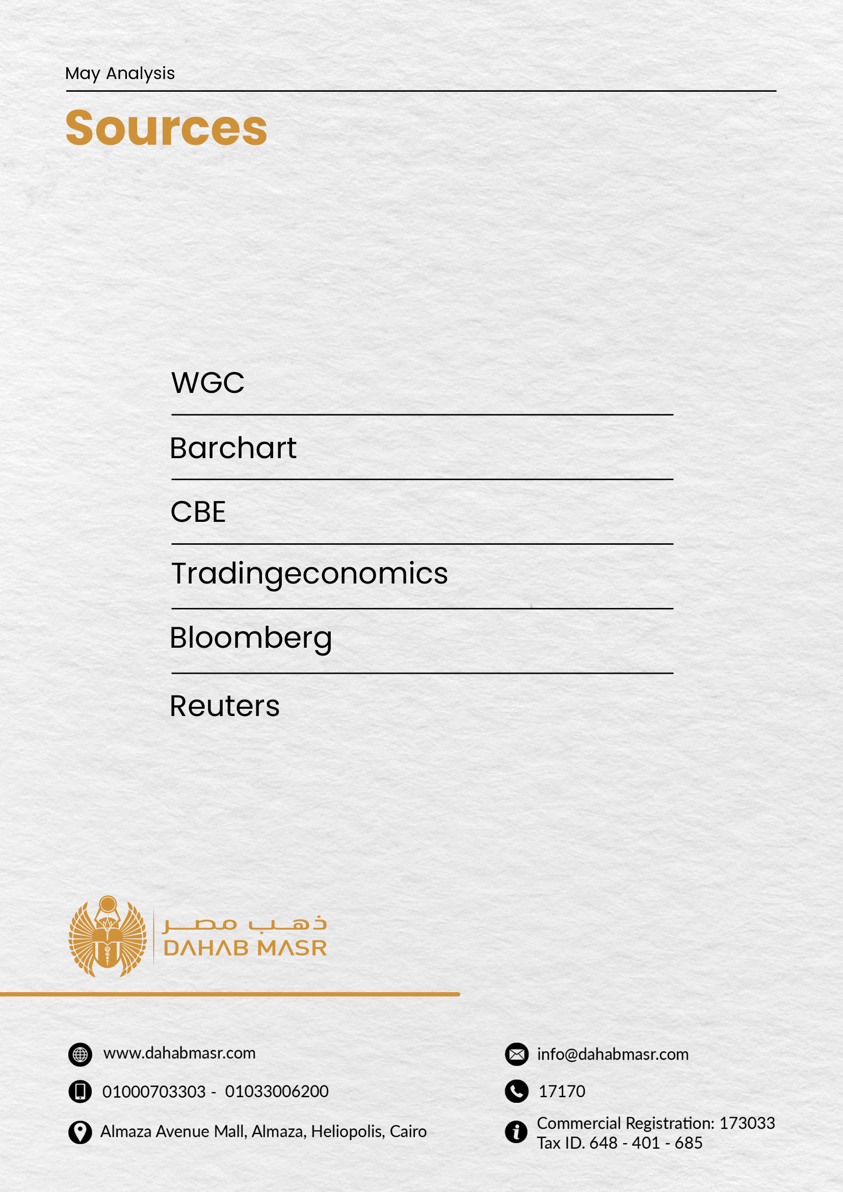 List of data sources including WGC, Barchart, CBE, Tradingeconomics, Bloomberg, and Reuters. Contact details for Dahab Masr including website, email, phone numbers, address, and tax ID.