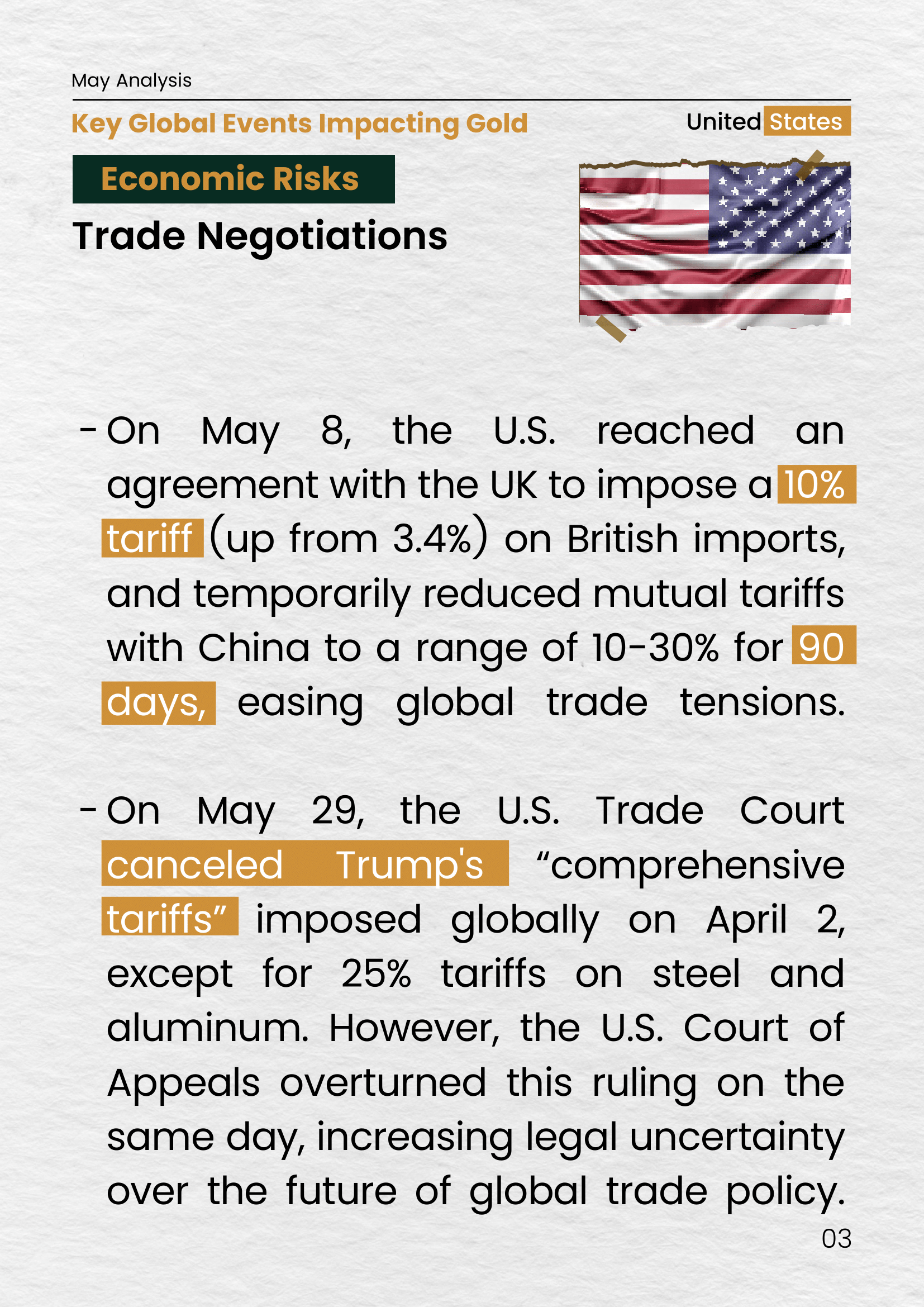 Analysis of U.S. trade negotiations in May 2025, including a 10% tariff agreement with the UK and temporary tariff reductions with China. It also discusses the U.S. Trade Court's ruling canceling Trump's global tariffs, later challenged by the Court of Ap