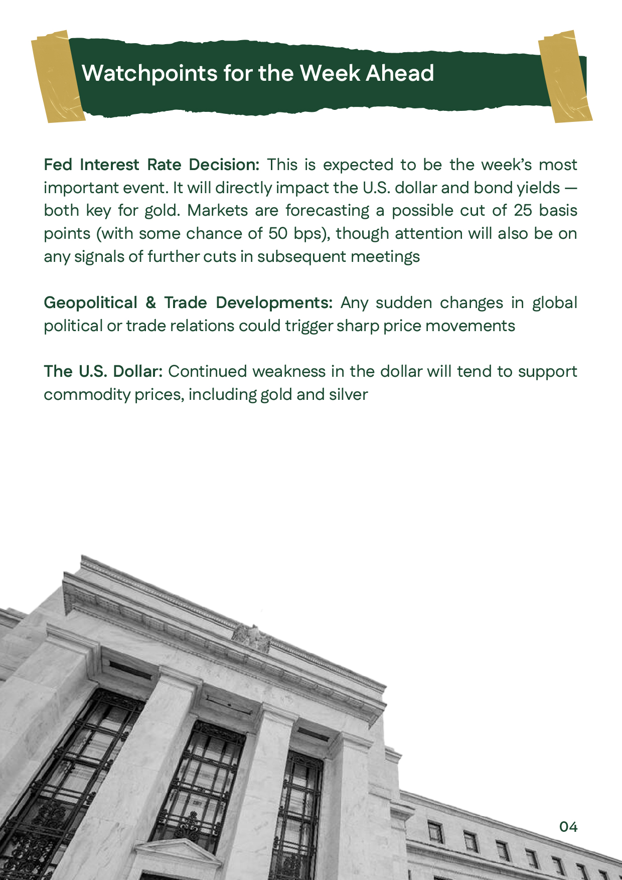 Watchlist slide: Fed speakers (Waller, Barkin, Logan, Williams), revised Q2 GDP (Thu), July PCE (Fri); gold price and silver prices analysis Week 2 Sep 2025.