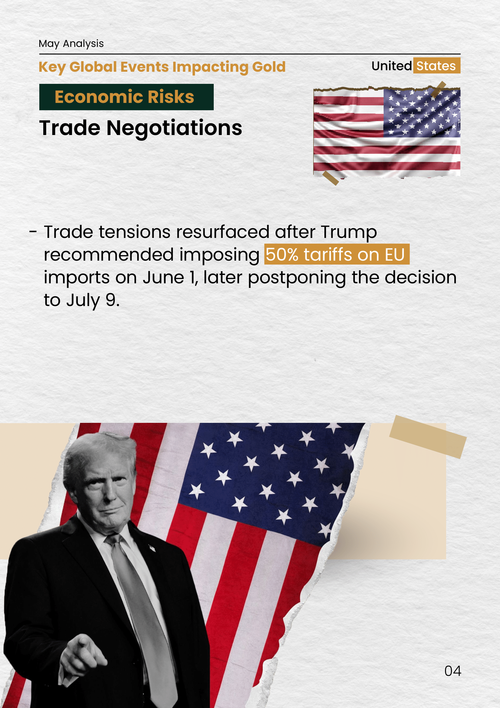 Image showing Donald Trump with the U.S. flag. Text explains trade tensions resurfaced after Trump suggested imposing 50% tariffs on EU imports starting June 1, later postponed to July 9.