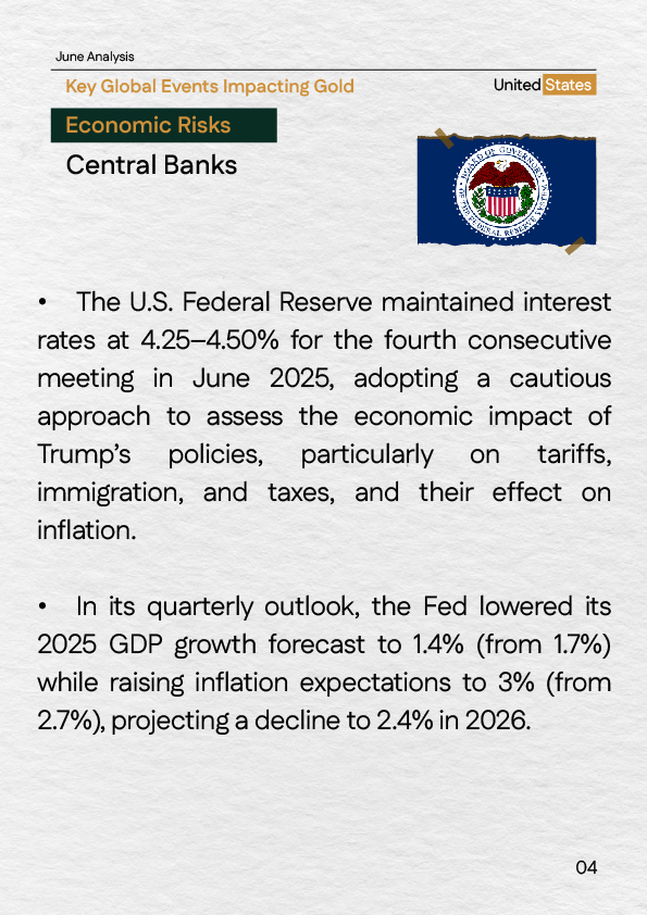 "Federal Reserve&rsquo;s interest rate policy, updated GDP and inflation forecasts, and implications for the gold market in June 2025."