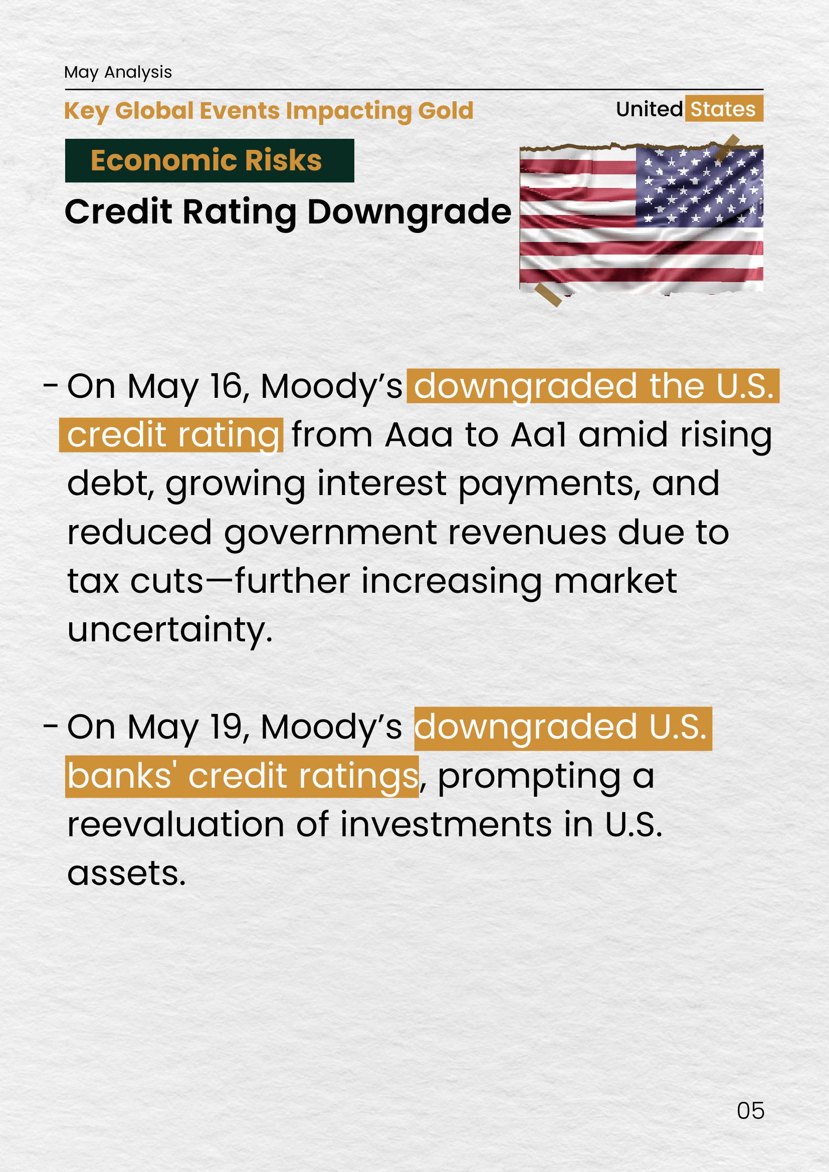U.S. flag image next to analysis text. On May 16, Moody&rsquo;s downgraded the U.S. credit rating due to rising debt. On May 19, banks&rsquo; ratings were also downgraded, increasing uncertainty in investment markets.