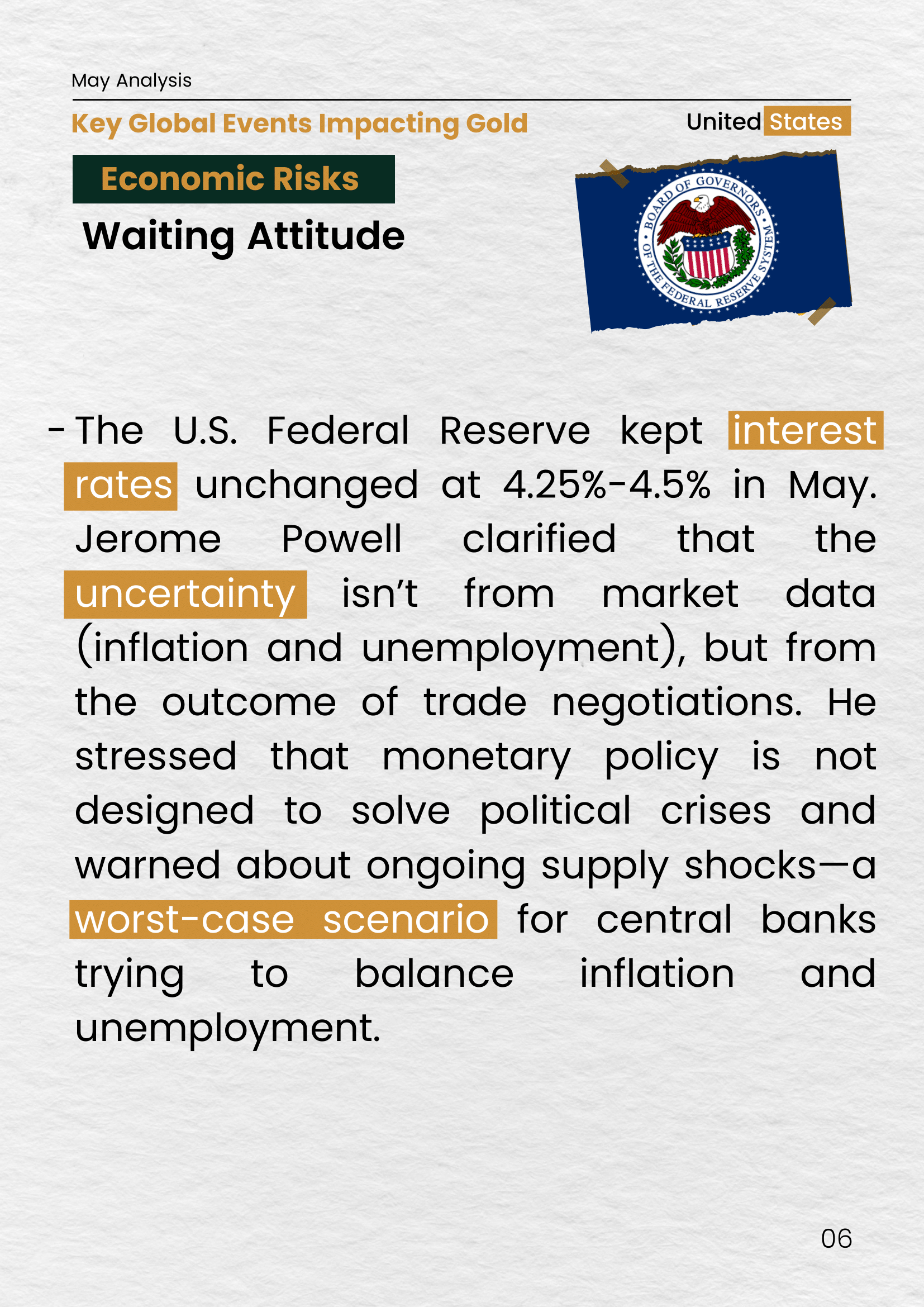 Image of the U.S. Federal Reserve seal. The page details the Fed's decision to maintain interest rates at 4.25%-4.5%, with Powell stating uncertainty stems from trade negotiations, not inflation or unemployment.