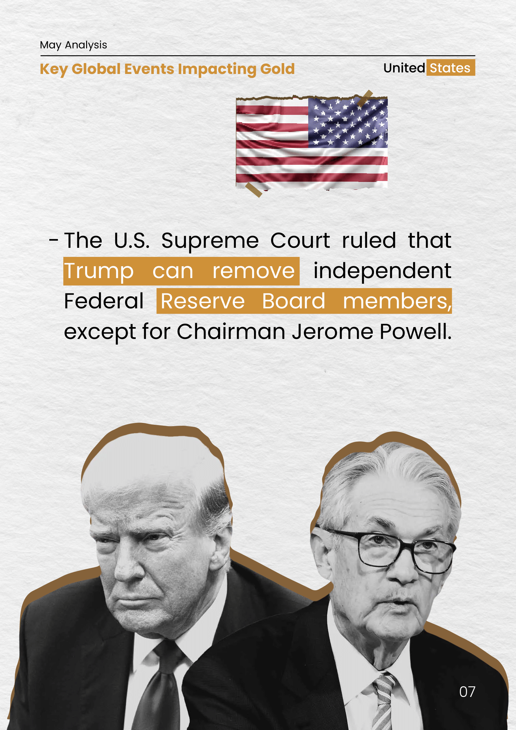 Image showing Donald Trump and Jerome Powell beneath a headline discussing a U.S. Supreme Court ruling allowing Trump to remove Federal Reserve Board members, except the chairman.