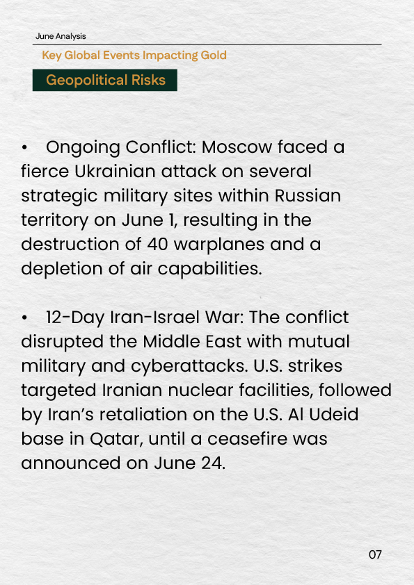 "Overview of the Russia&ndash;Ukraine conflict and the Iran&ndash;Israel war in June 2025, and their influence on gold as a safe-haven asset."