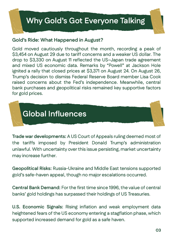  Key points explaining why gold prices rose in August, including concerns about tariffs, a weaker U.S. dollar, and central bank purchases.