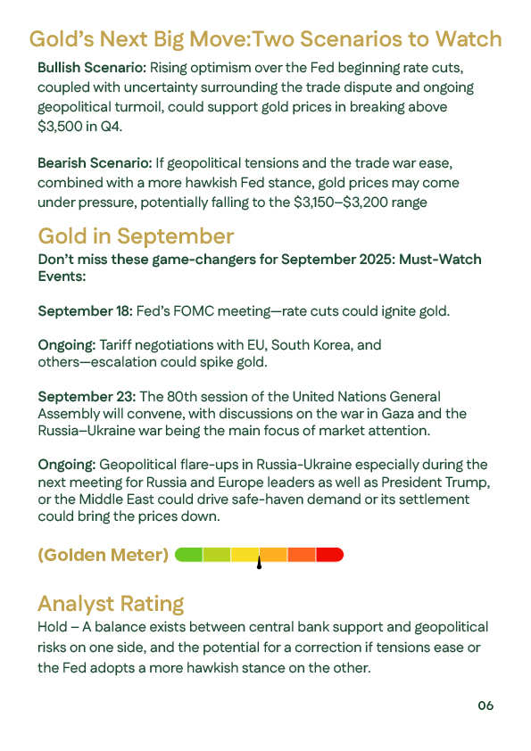 Forecasted scenarios for gold's movement in September 2025, including bullish and bearish scenarios, as well as an analyst rating.