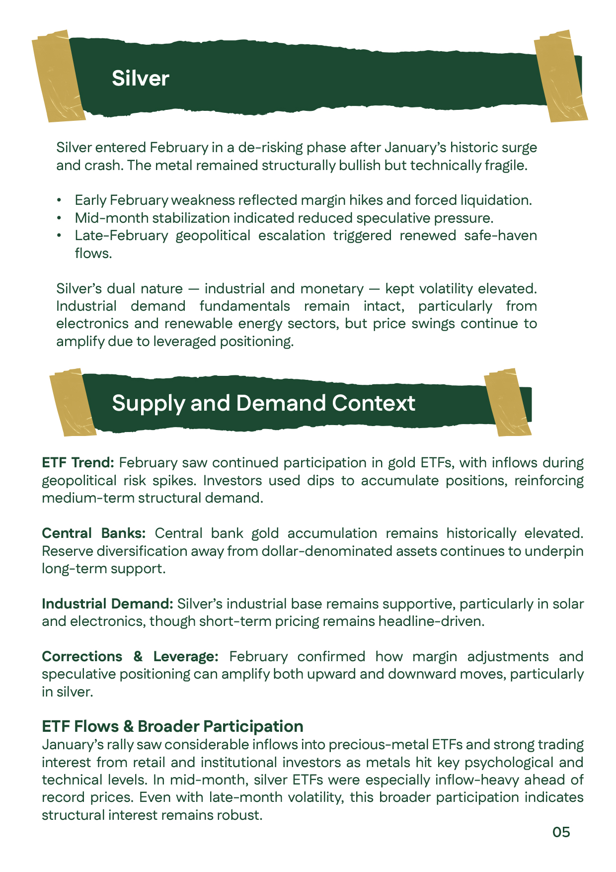 Silver market analysis slide showing silver prices volatility and industrial demand trends.
