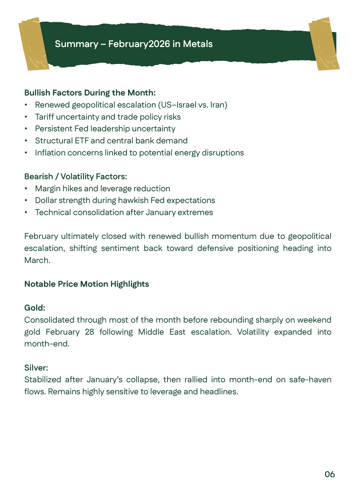 Summary slide of gold price and silver prices performance in February 2026 metals markets.