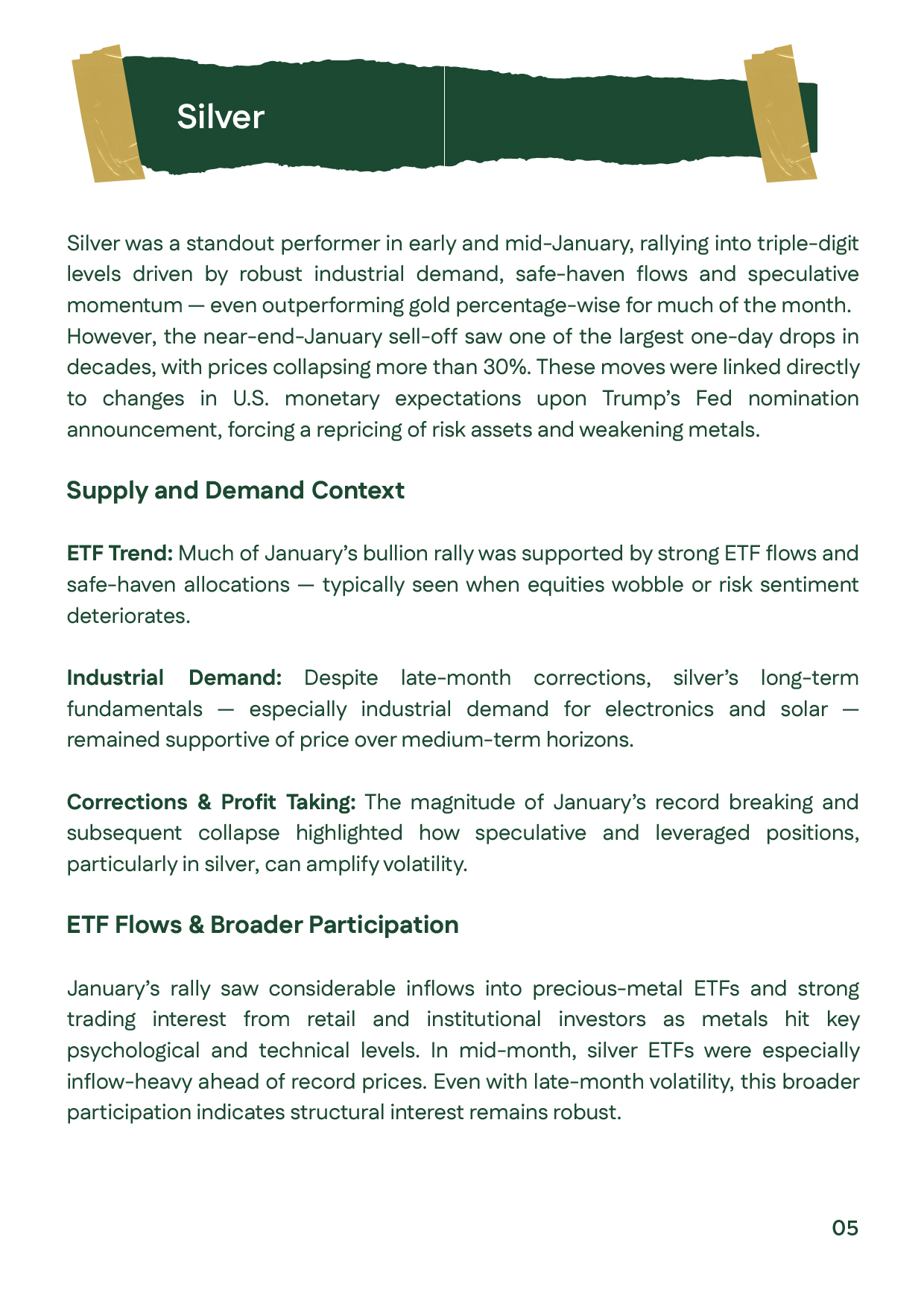 Slide highlighting silver’s surge to record levels above $120/oz and subsequent sharp correction during January 2026.