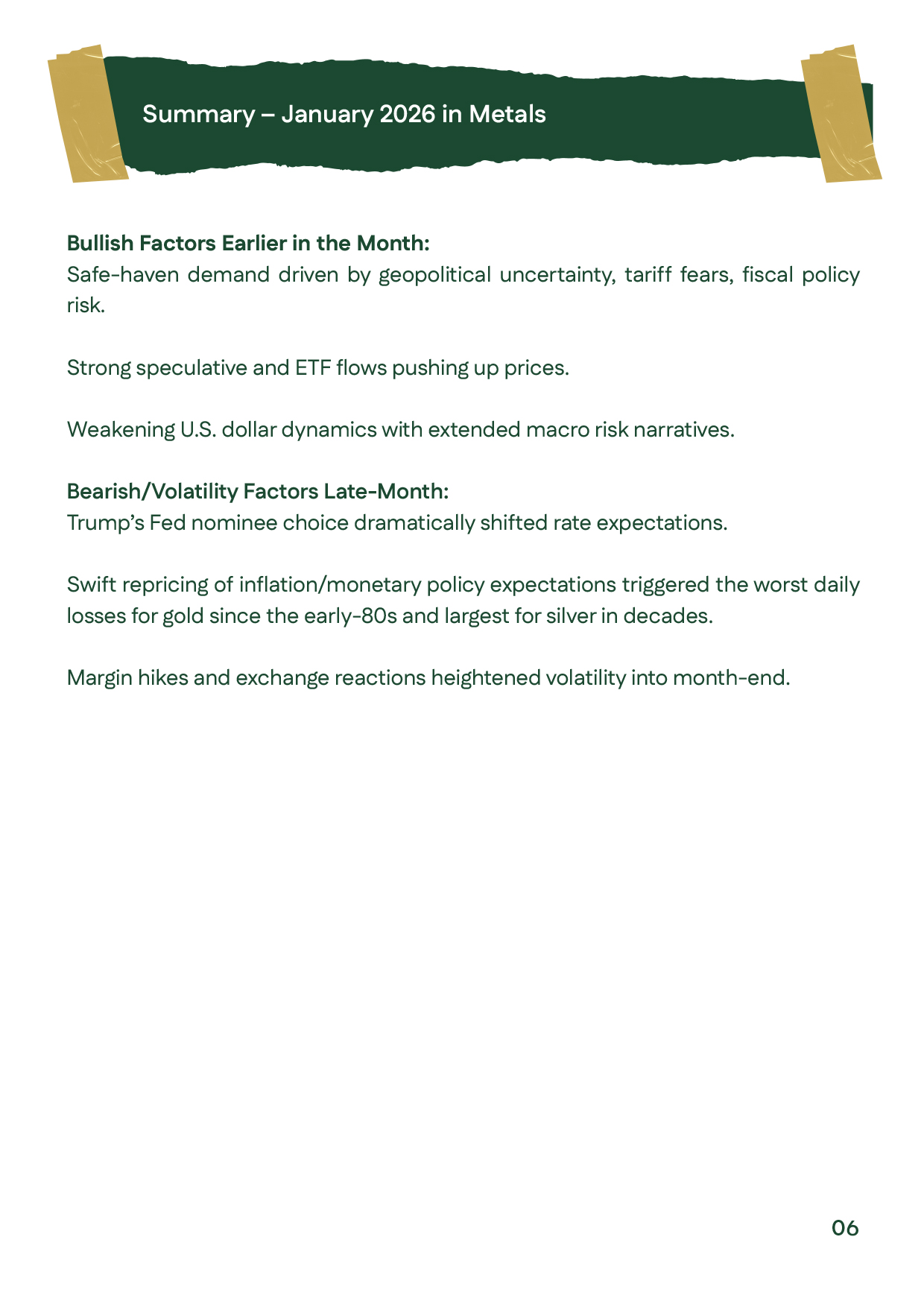 Slide summarizing January 2026 performance of precious metals, combining strong rallies and severe late-month corrections.
