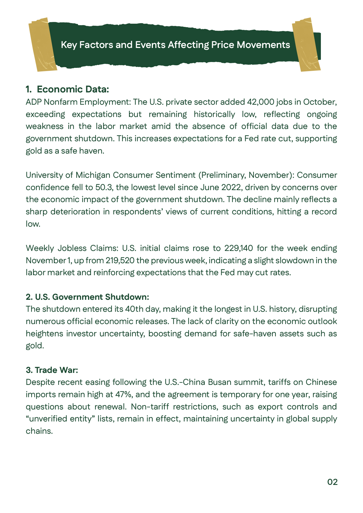 Slide summarizing U.S. economic data, the ongoing government shutdown, and trade tensions in Week 1 of November 2025. It highlights weak job growth, low consumer confidence, and uncertainty supporting gold and silver prices.