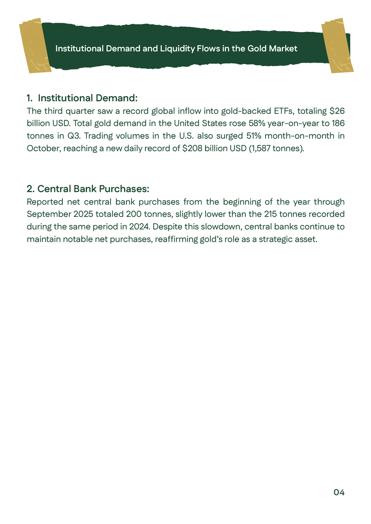 Slide illustrating central bank gold purchases and ETF inflows during Week 1 of November 2025, reflecting sustained confidence in precious metals.