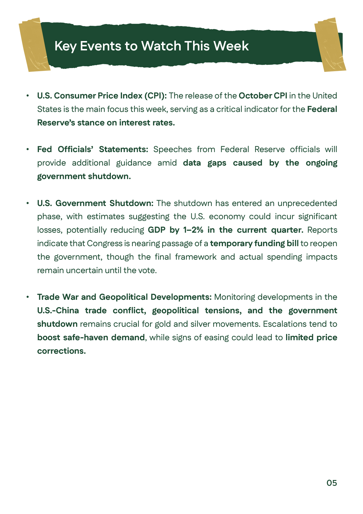 Slide listing October CPI data, Fed speeches, and the possible U.S. government reopening, emphasizing their potential influence on gold and silver prices.