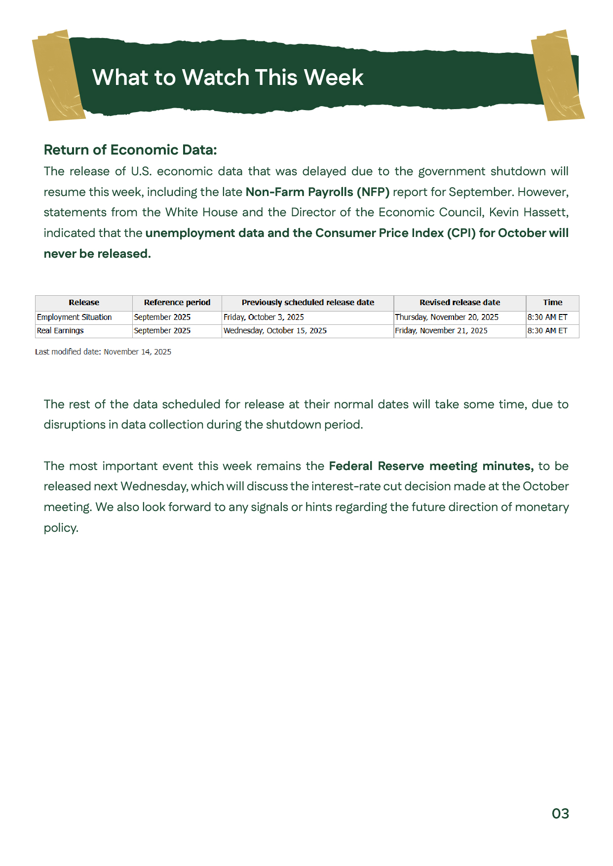 "Page summarizing upcoming economic releases, including NFP, CPI, and the Federal Reserve minutes, with notes on their potential impact on gold prices.