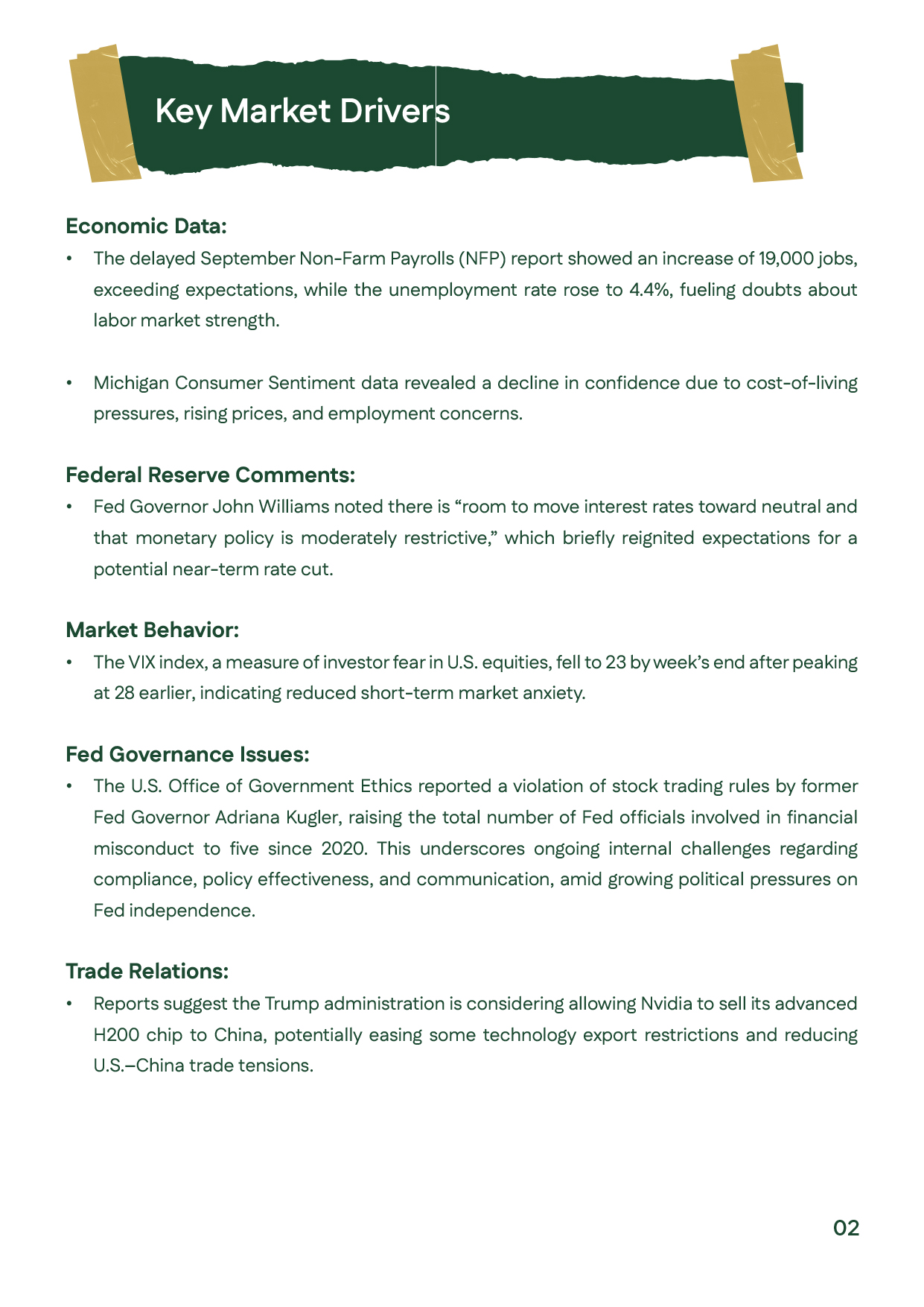 Page listing detailed bullet points on U.S. jobs data, consumer sentiment, and Federal Reserve members’ statements affecting price movements.