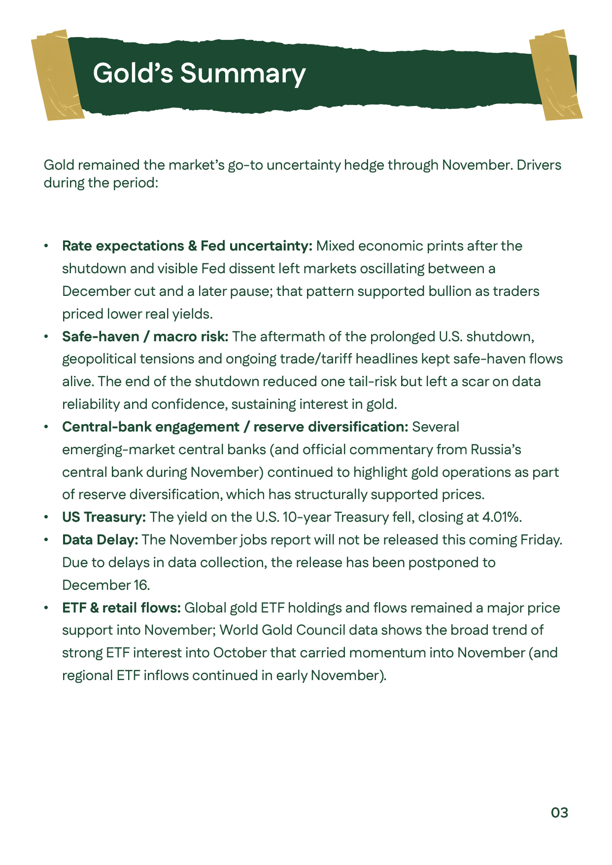 Page summarizing gold drivers including rate expectations, geopolitical risks, and strong central bank purchases.