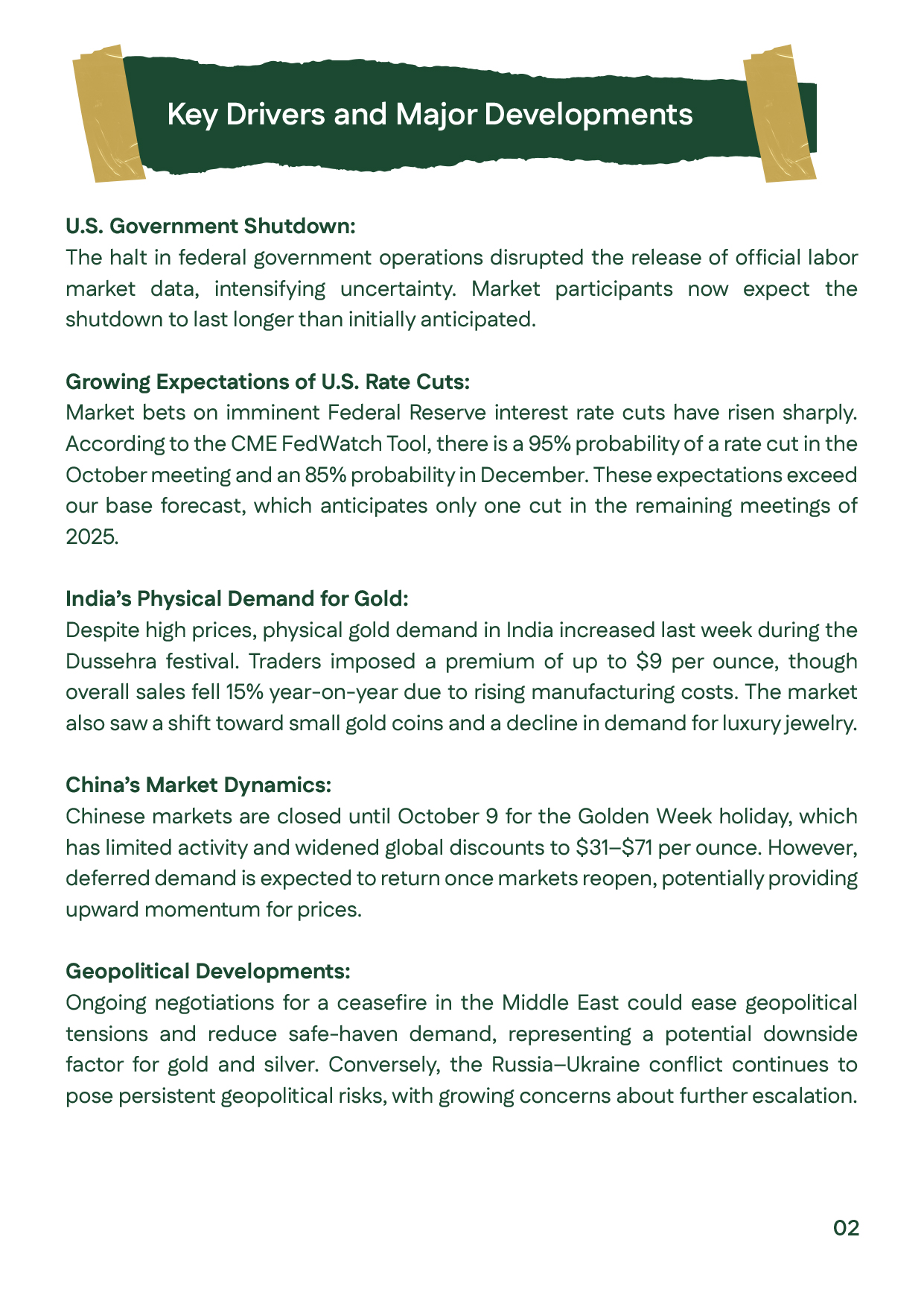 Slide listing the main factors affecting gold price movements in Week 1 – October 2025, including U.S. government shutdown, rate cut expectations, and demand from India and China.