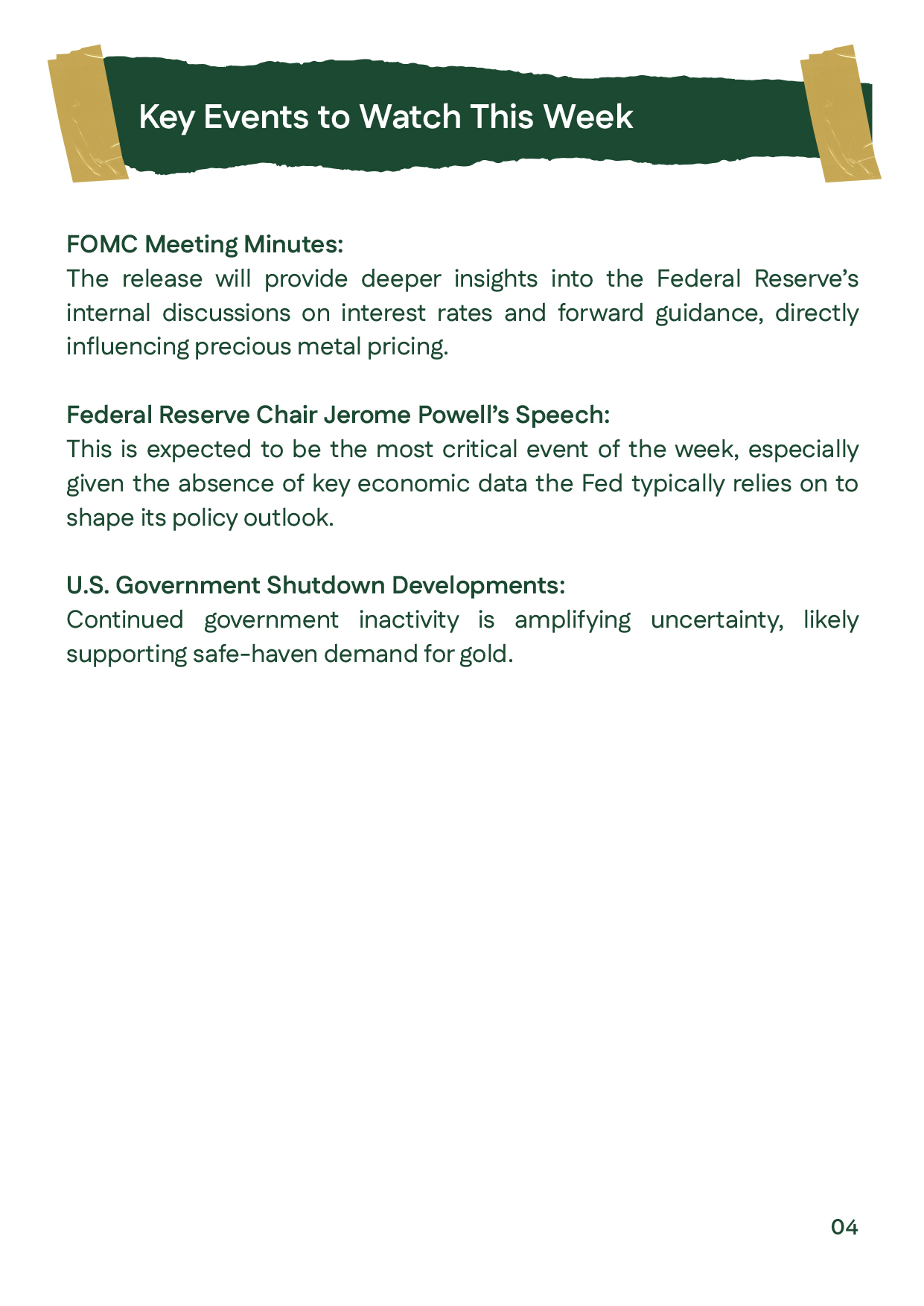 Summary of key events to monitor in Week 1 of October 2025: Powell’s speech, Fed meeting minutes, and the U.S. government shutdown’s impact on gold price trends.