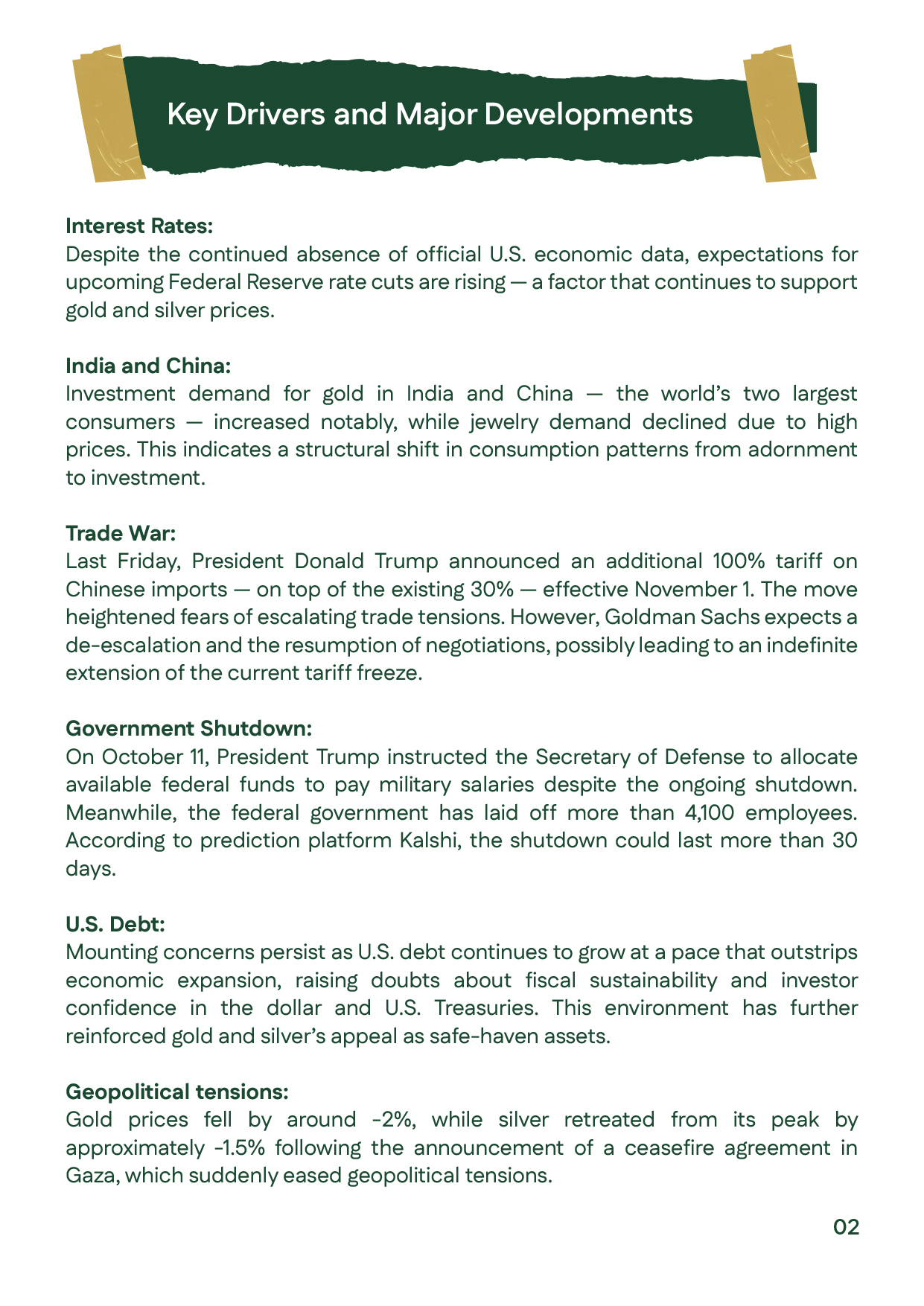 Slide summarizing the key factors affecting gold and silver prices in Week 2 of October 2025, including U.S.–China trade tensions, the U.S. government shutdown, rising U.S. debt, and strong investment demand in India and China. Also notes a slight pullbac