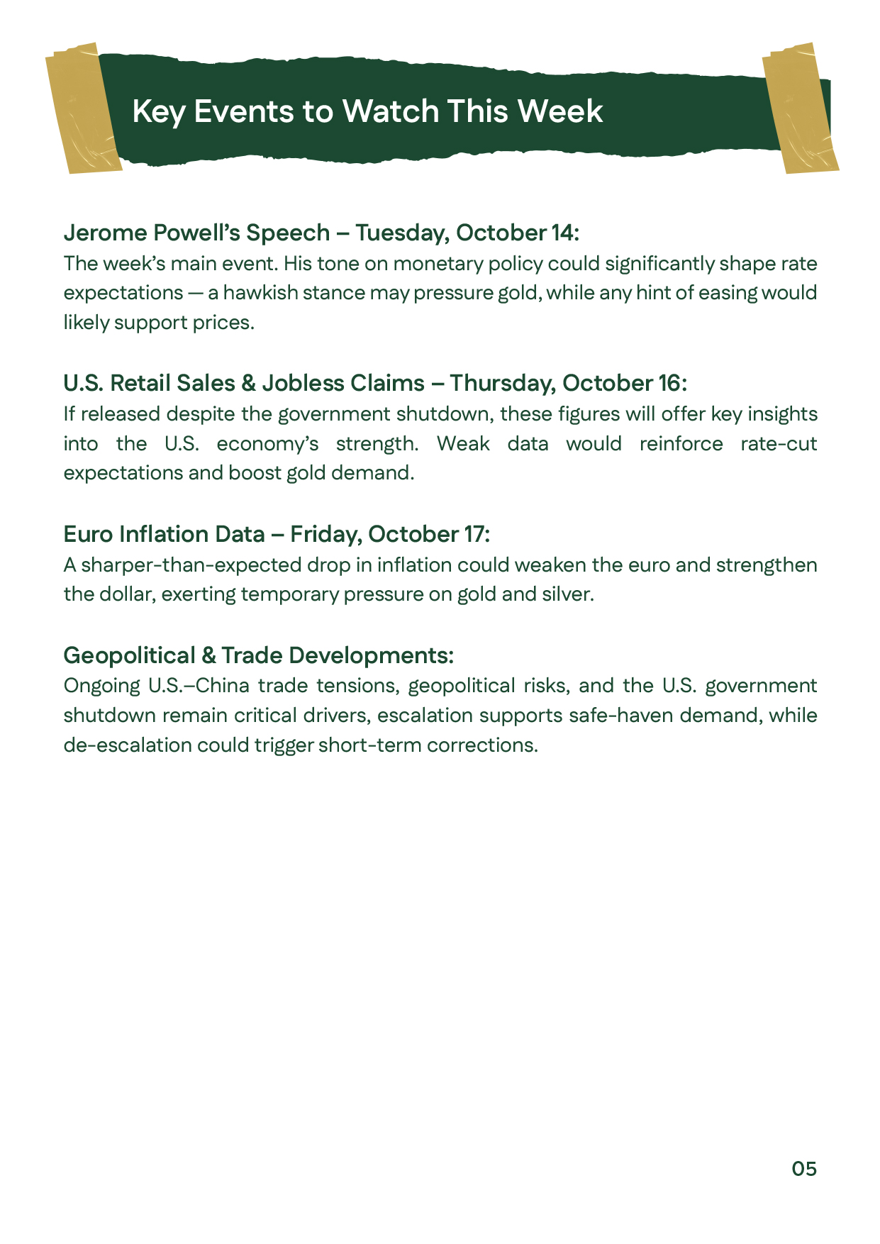 Slide outlining key economic events for Week 2 of October 2025 that may impact gold and silver prices, including Jerome Powell’s speech (Oct 14), U.S. retail and jobless claims data (Oct 16), and Eurozone inflation figures (Oct 17). These indicators are c