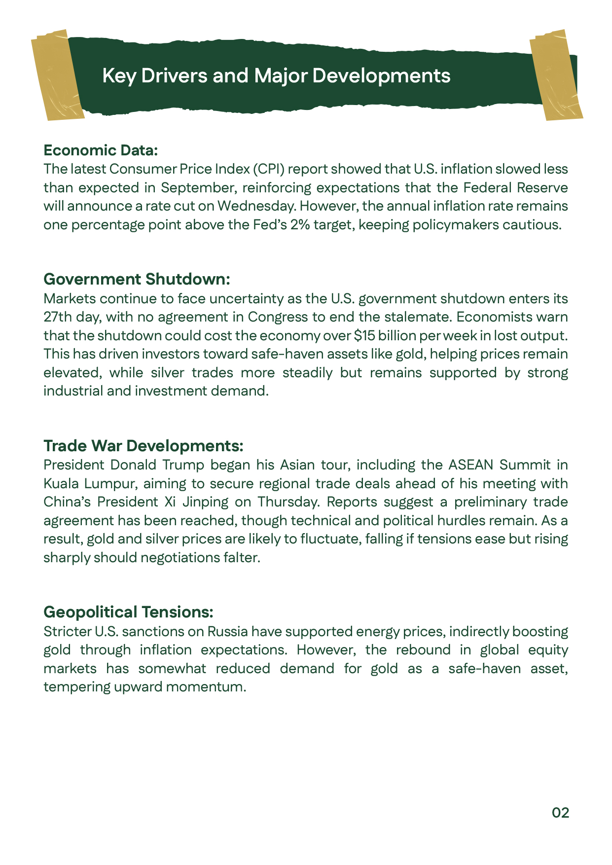 Slide detailing key economic factors: U.S. inflation data, government shutdown, and U.S.–China trade war impacts on gold prices.