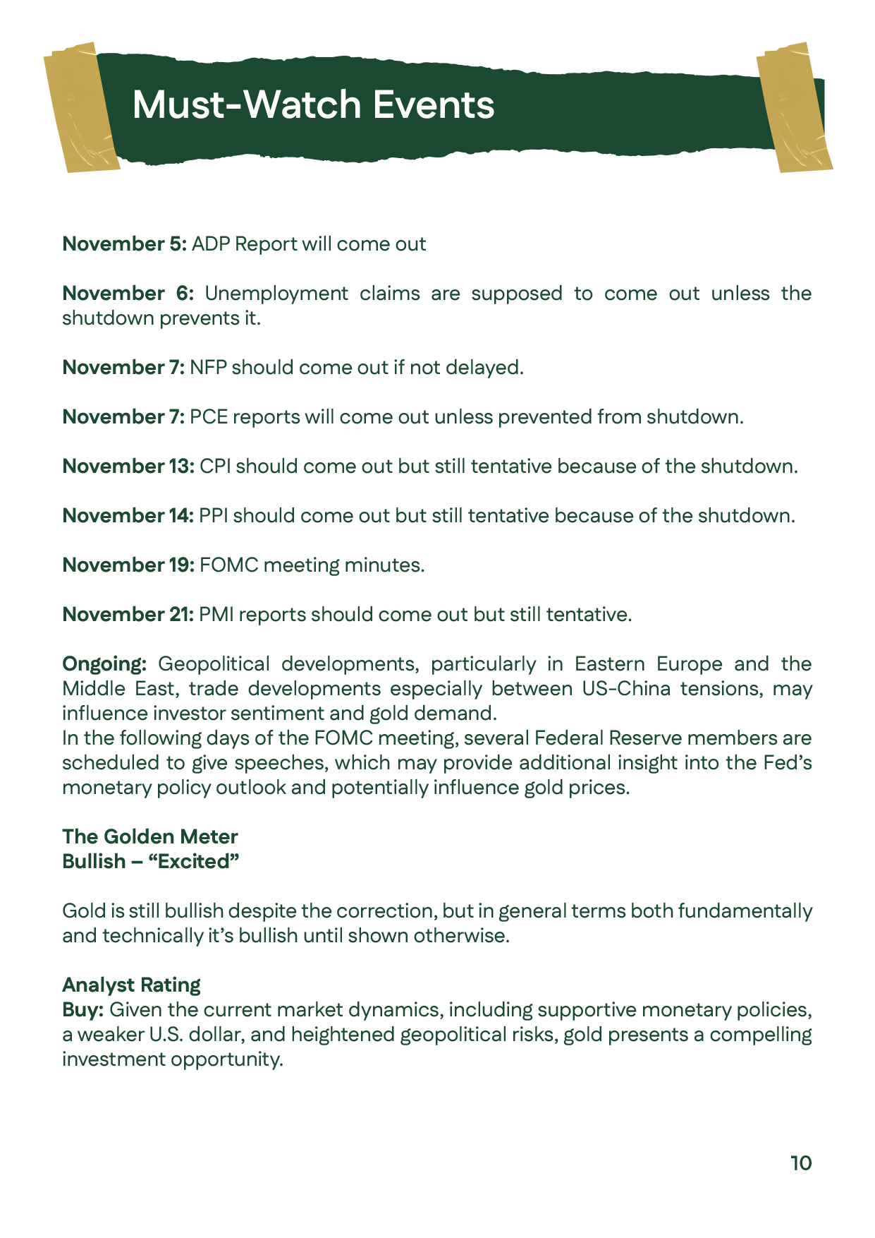 Slide summarizing November 2025’s upcoming U.S. jobs and inflation data and their potential effects on gold and silver prices.