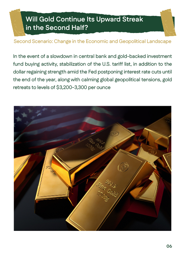 Alternative scenario sees gold falling to $3,200&ndash;$3,300 if demand drops, tariffs stabilize, and USD regains strength. 