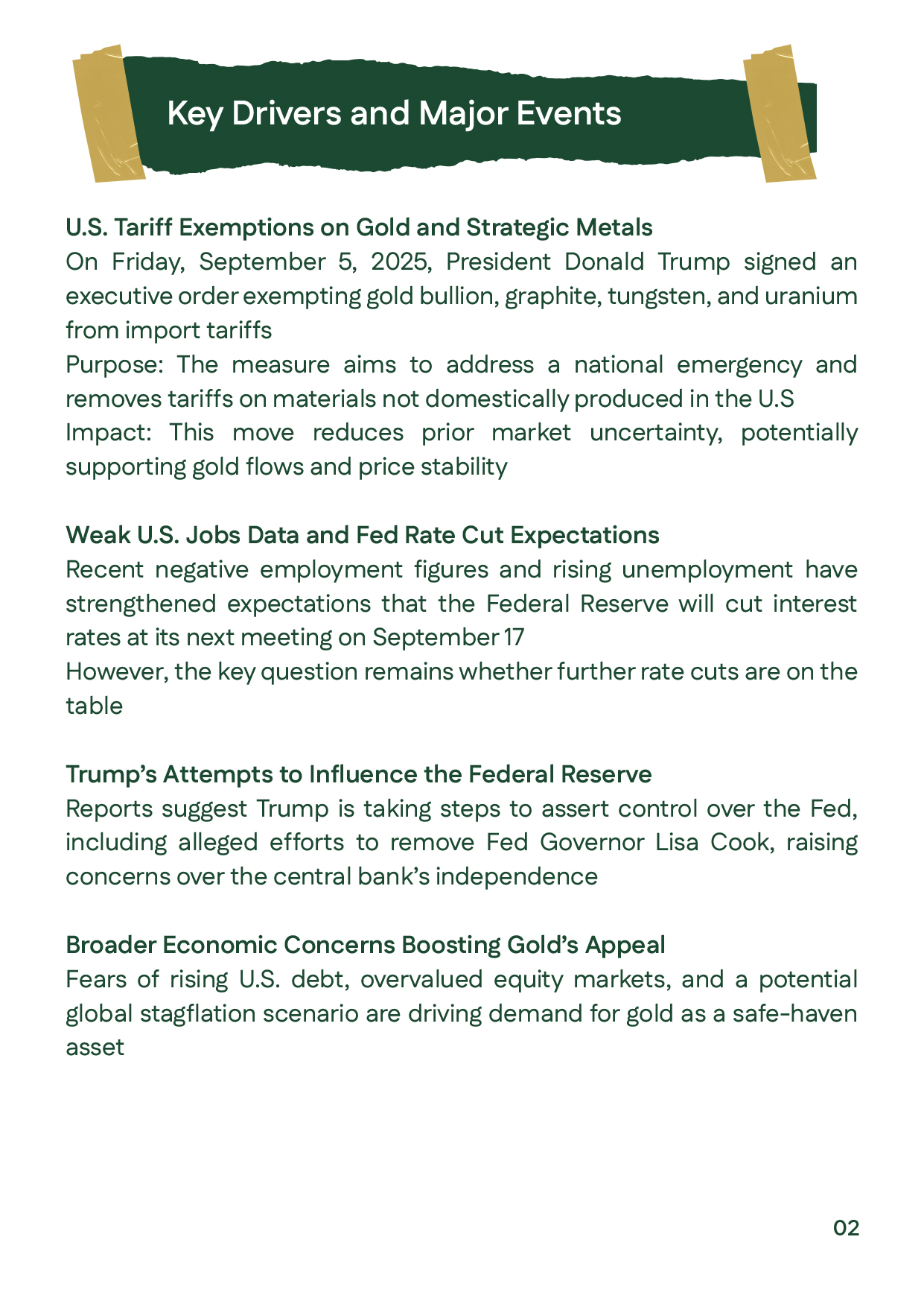 A list of key drivers and major events influencing the precious metals market. Topics include President Donald Trump's executive order on September 5, 2025, which exempts gold bullion from import tariffs, weak U.S. jobs data, expectations of a Federal Res