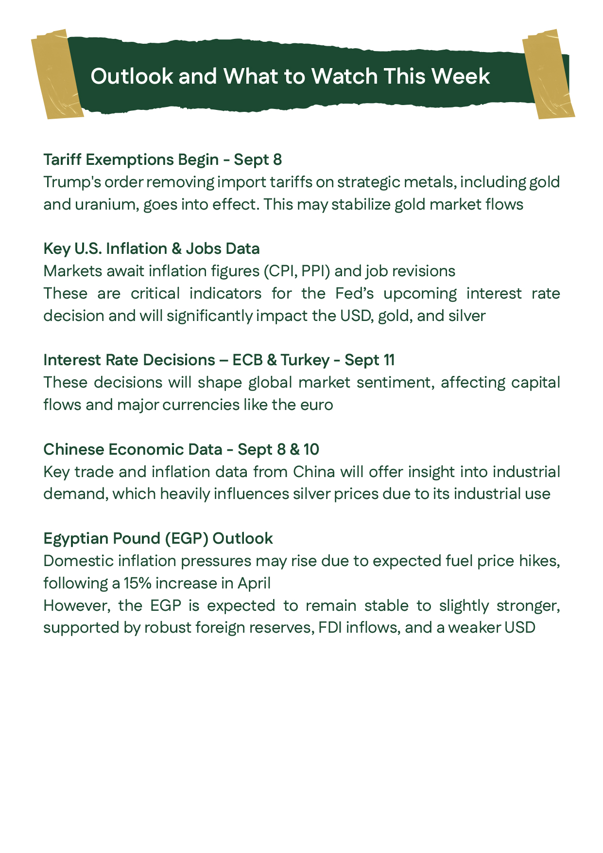 A summary of what to monitor in the market this week. Key points include the start of Trump's tariff exemptions, upcoming U.S. inflation and jobs data, interest rate decisions from the European Central Bank and Turkey's central bank, and Chinese economic