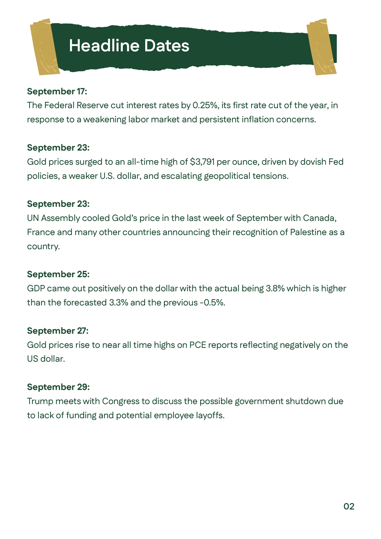 English: Key September 2025 events: Fed’s 0.25% rate cut, gold hitting $3,791, UN recognition of Palestine, US GDP data, PCE inflation, and US Congress talks on possible shutdown.